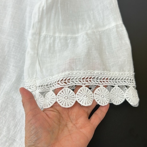 Terzo Millennio White 100% Linen 3/4 Bell Sleeves Crochet Lace Trim Top β¦ - Picture 4 of 11